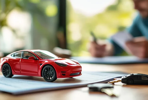 Voiture miniature rouge et clés sur des papiers, personne signant en arrière-plan à Toulouse en Haute-Garonne 31